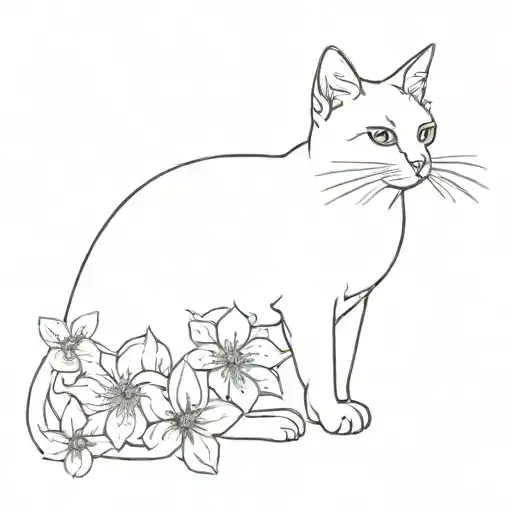 outline of a silhouette of a cat with santan flowers tattoo design idea
