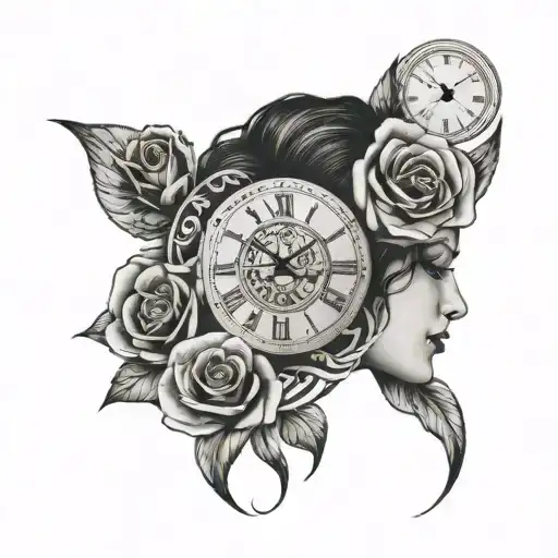 A woman's face. Behind her face, a clock with Roman numerals. Below her, a rose. All wrapped in a tribal image tattoo design idea