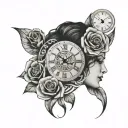 A woman's face. Behind her face, a clock with Roman numerals. Below her, a rose. All wrapped in a tribal image tattoo design idea