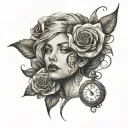 A woman's face. Behind her face, a clock with Roman numerals. Below her, a rose. All wrapped in a tribal image tattoo design idea