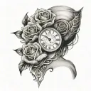 A woman's face. Behind her face, a clock with Roman numerals. Below her, a rose. All wrapped in a tribal image tattoo design idea