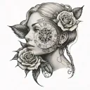 A woman's face. Behind her face, a clock with Roman numerals. Below her, a rose. All wrapped in a tribal image tattoo design idea