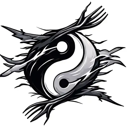 yin and yang symbol intertwined with fork lightning tattoo design idea