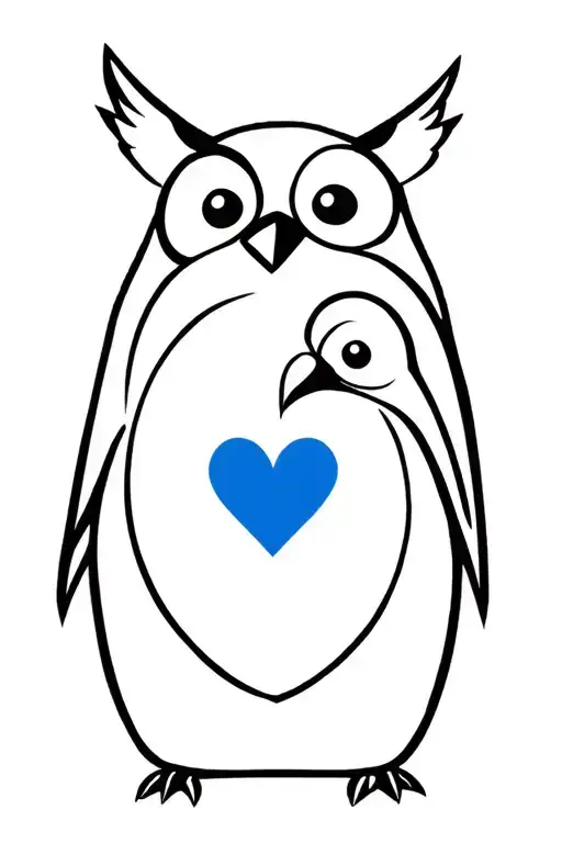 Design of the combination of a penguin and an owl in front with a full blue heart in half tattoo design idea