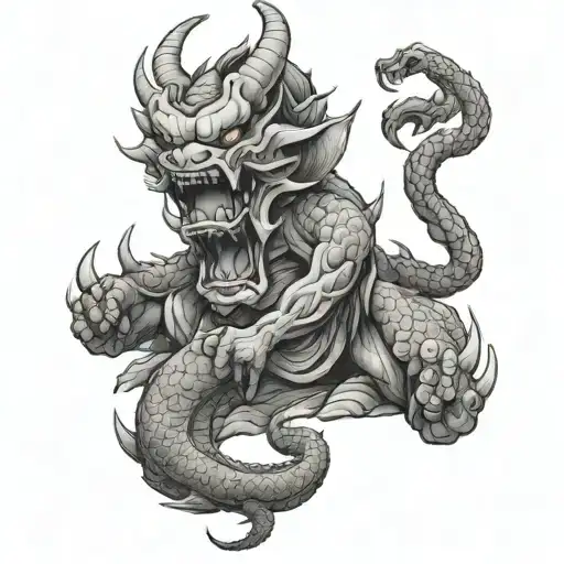 oni biting a dragon wrapped tattoo design idea