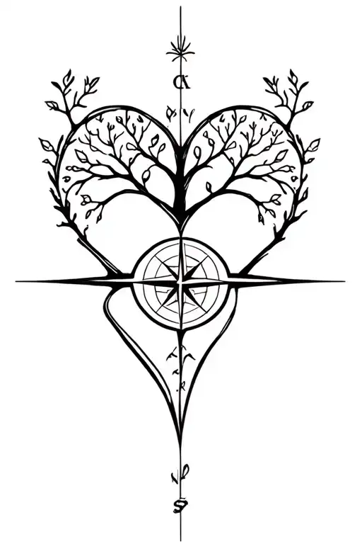 heart compass tree growing tattoo design idea