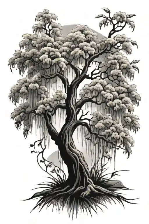 weeping willow blossoming flowers and spiritual tattoo design idea