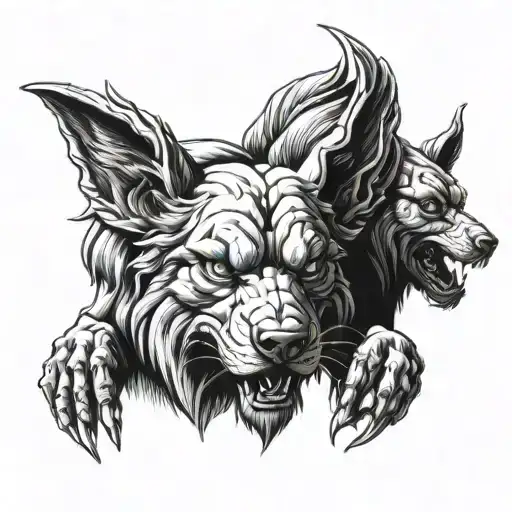 Cerberus 3 heads only with Greek translation  of "fuck around and find out"  tattoo design idea
