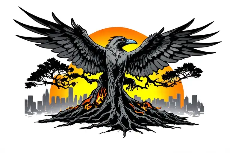 phoenix flying above a tree on fire in bright neon colors with Los Angeles in the back ground tattoo design idea