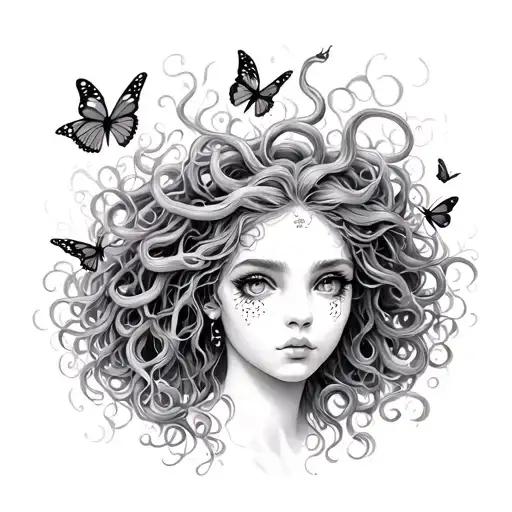 Id like a sketch of a Medusa tattoo with butterflies coming out of her hair, one eye has a dot and below it is a comma f tattoo design idea