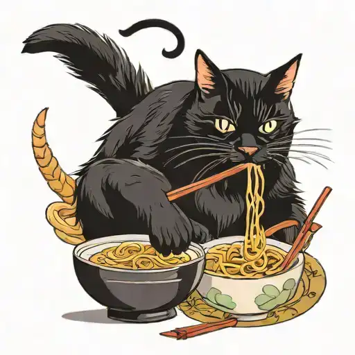 a black cat eating ramen tattoo design idea