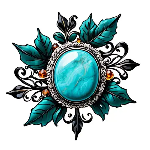 western brooch turquoise with amber marble inside dark green leaves and black swirls tattoo design idea