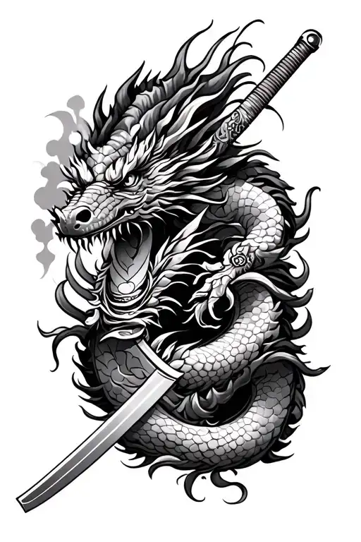 Japanese Polynesian tattoo with a dragon a katana and a temple tattoo design idea