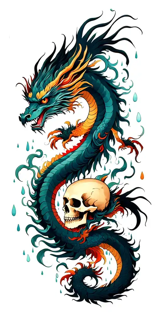 3 Chinese Dragon And Phoenix And Skull surrounded my rain tattoo design idea