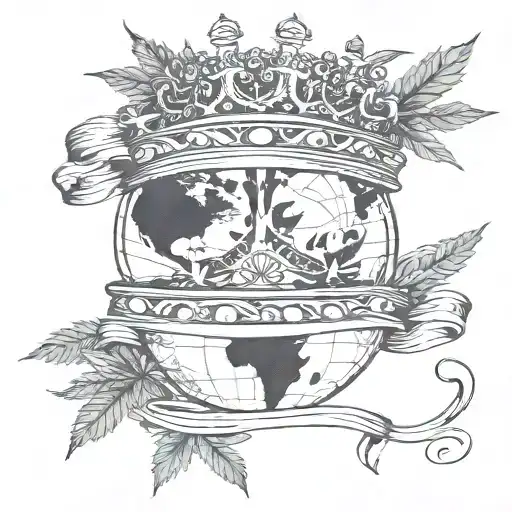 a world with a crown on top with money a weed leaf intertwined tattoo design idea
