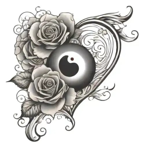 yin-yang, pacifism, love, heart, roses, surrounded by clouds tattoo design idea
