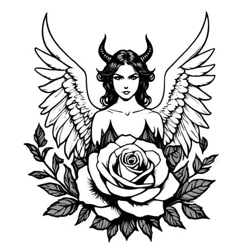 devil, angel, rose and simple vines wrapped tattoo design idea