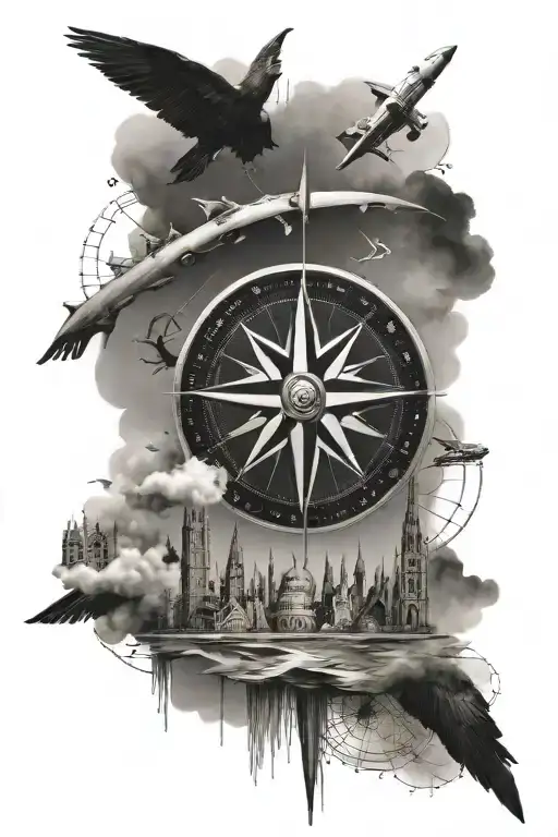 travel, aircraft, compass, Dubai, Amsterdam, London, Paris, Munich, tattoo design idea