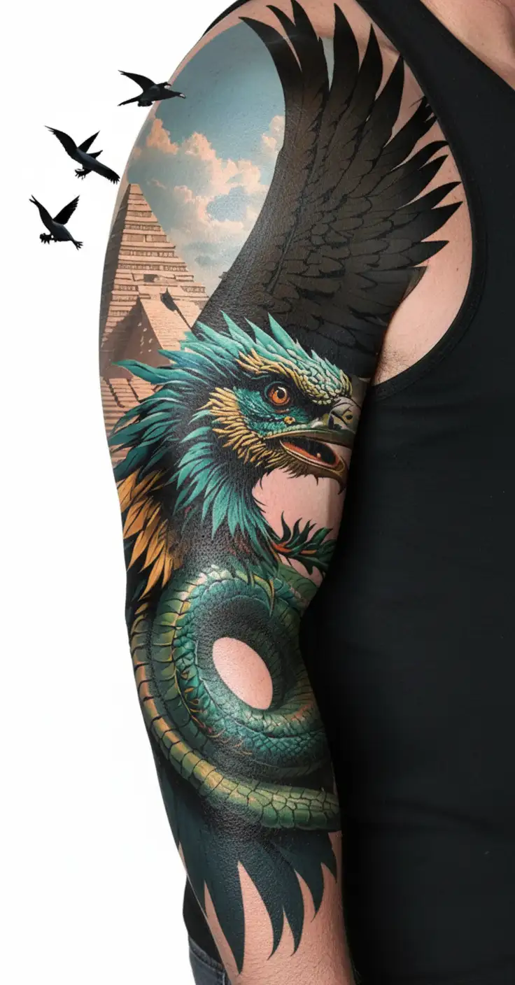 feathered serpent god Quetzalcoatl in the background, Mayan pyramids, and a Mayan warrior. A quetzal bird flying. gothic tattoo design idea