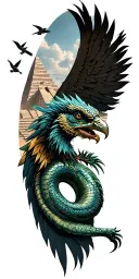 feathered serpent god Quetzalcoatl in the background, Mayan pyramids, and a Mayan warrior. A quetzal bird flying. gothic tattoo design idea