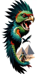 feathered serpent god Quetzalcoatl in the background, Mayan pyramids, and a Mayan warrior. A quetzal bird flying. gothic tattoo design idea