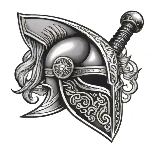 Viking helmet and sword with blade tattoo design idea