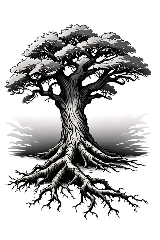 old oak tree with roots tattoo design idea