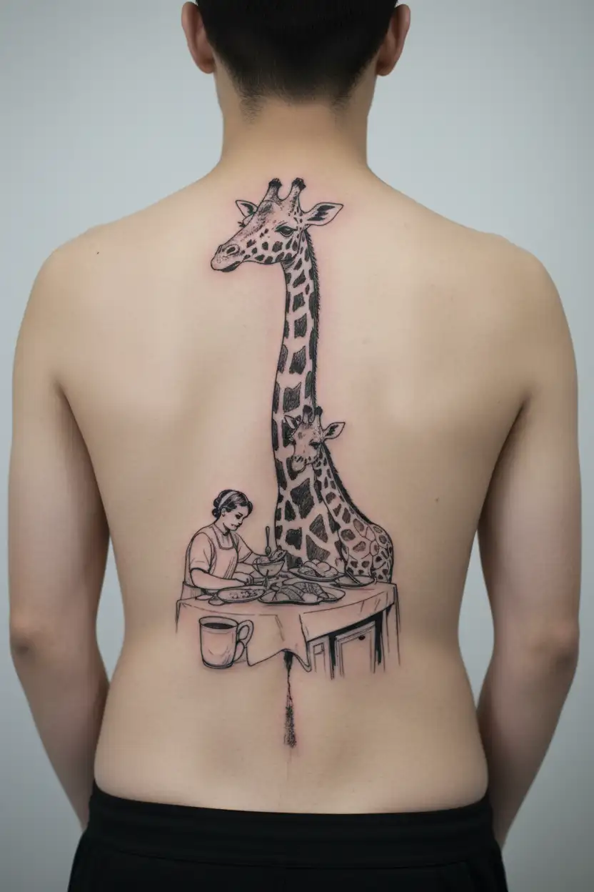 sweet giraffe cooking italian dinner scene inside tattoo design idea