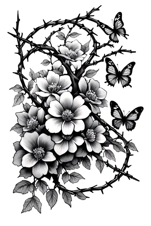 barbed wire vine with flowers and butterflies  tattoo design idea