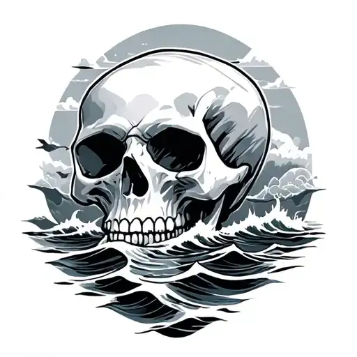 skull and ocean tattoo design idea