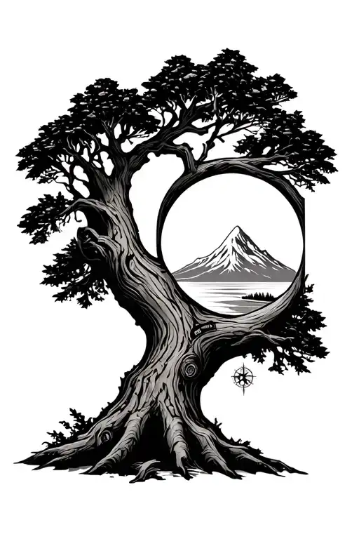 semicolon hidden in an oak tree with a mountain and sunrise in the background, a compass on the trunk of the oak tree tattoo design idea