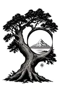 semicolon hidden in an oak tree with a mountain and sunrise in the background, a compass on the trunk of the oak tree tattoo design idea
