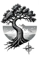 semicolon hidden in an oak tree with a mountain and sunrise in the background, a compass on the trunk of the oak tree tattoo design idea