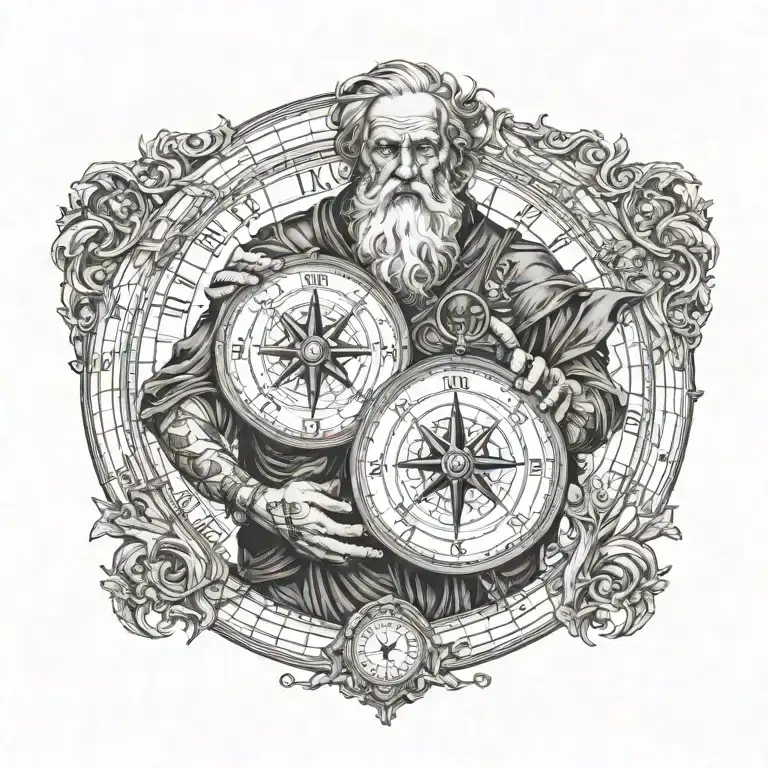 Father Time with tattoos on his arms, holding nautical compass, semi colon unr his wearing eye, start night background  tattoo design idea