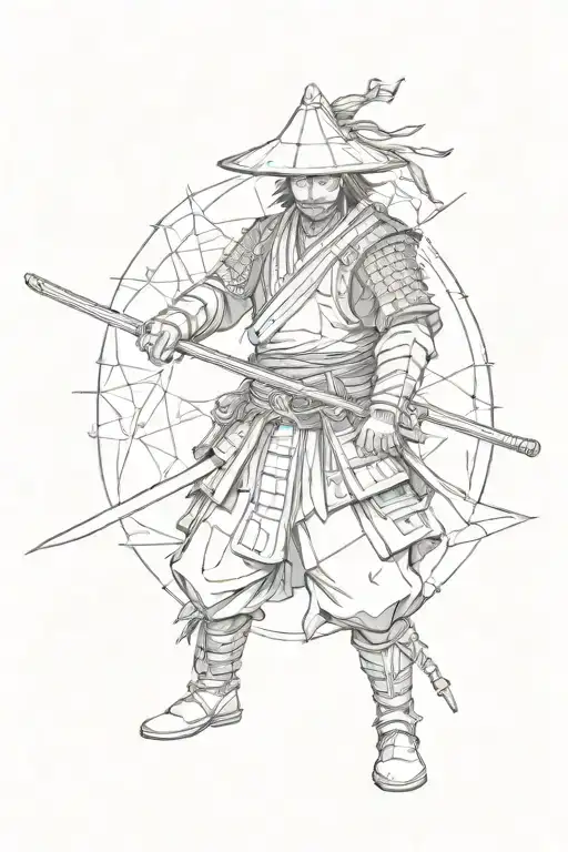 samurai with 3 swords stands in a fighting stance with a triangular hat tattoo design idea