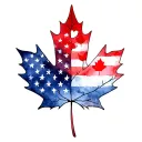 a red maple leaf with half being american flag and half canadian flag, with 5 small hearts on the spine of the leaf. tattoo design idea