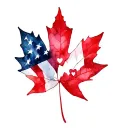 a red maple leaf with half being american flag and half canadian flag, with 5 small hearts on the spine of the leaf. tattoo design idea