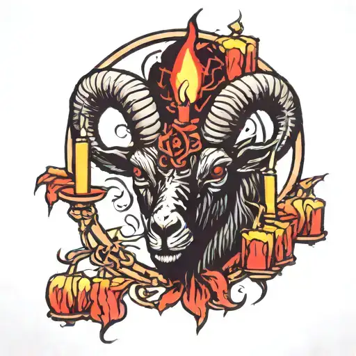 severed satanic black goat head on   with a lit black and red candle on each side tattoo design idea