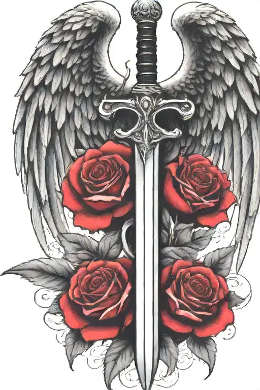 angel wings behind a sword, roses tattoo design idea