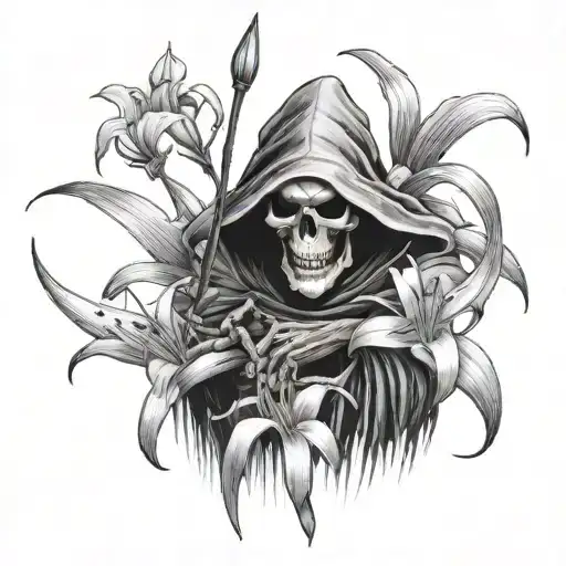 A photorealistic tattoo of a grim reaper holding and looking at a spider lily flower tattoo design idea