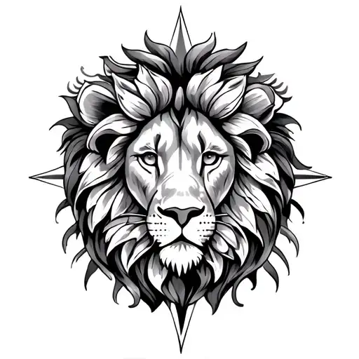 compass lion flower family tattoo design idea