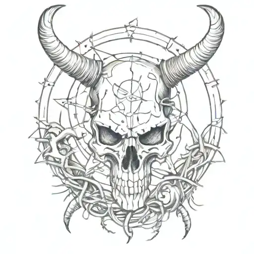 cross with horse shoe and long horn skull spur and barbed wire  tattoo design idea