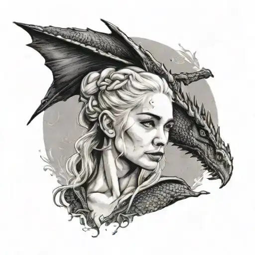A portrait of Daenerys Targaryen with a dragon flying above her head tattoo design idea