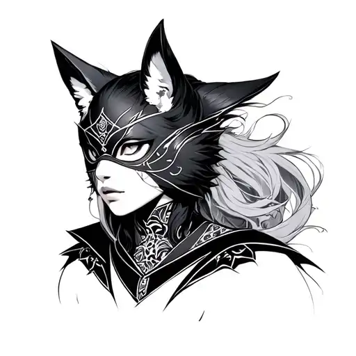 A namakubi tattoo, we replace the man with a woman in the drawing, the woman wears a mask kitsune tattoo design idea