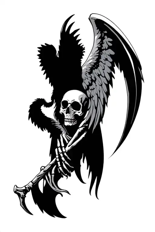 angel of death holding scythe with wings curled up vertically. the face is a skull shrouded in shadow. bone hands.  tattoo design idea