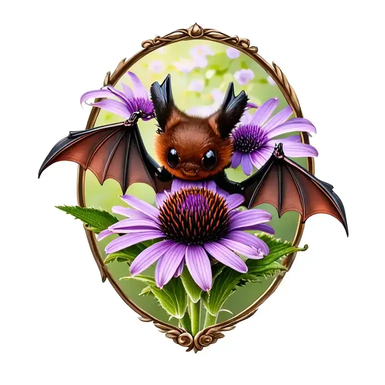 brown bat and purple cone flower tattoo design idea