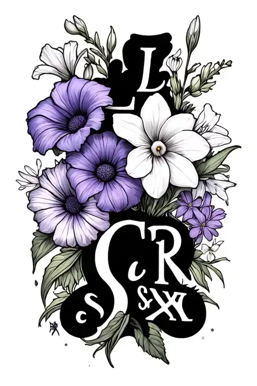 "L C R S X" flowers of violet, primrose,a daffodil, gladioli, aster/morning glory all held together by a lilly of the vall tattoo design idea
