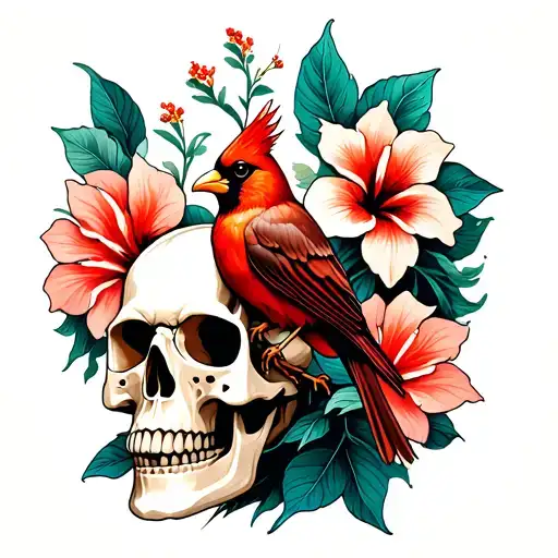 Retro 1960s but futuristic tattoo of red cardinal sitting on a skull with a hibiscus flower on the side blooming tattoo design idea