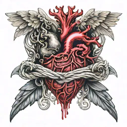 a realistic tattoo of an anatomical heart being pulled by angels with a rope from above and by Lucifer from below with a tattoo design idea