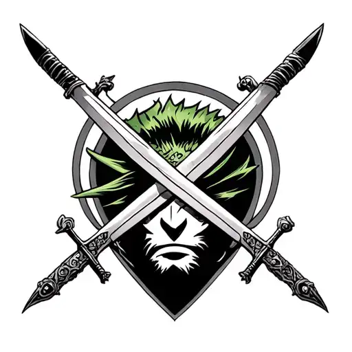 1. Zoro’s Three Swords: At the center of the design, you see Zoro's three swords. The swords are crossed in a dynamic, a tattoo design idea